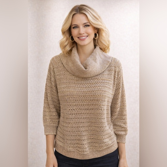 New York & Co Shimmery Cowl Sweater Sz L Open Knit Gold Thread Special Party - Picture 1 of 11